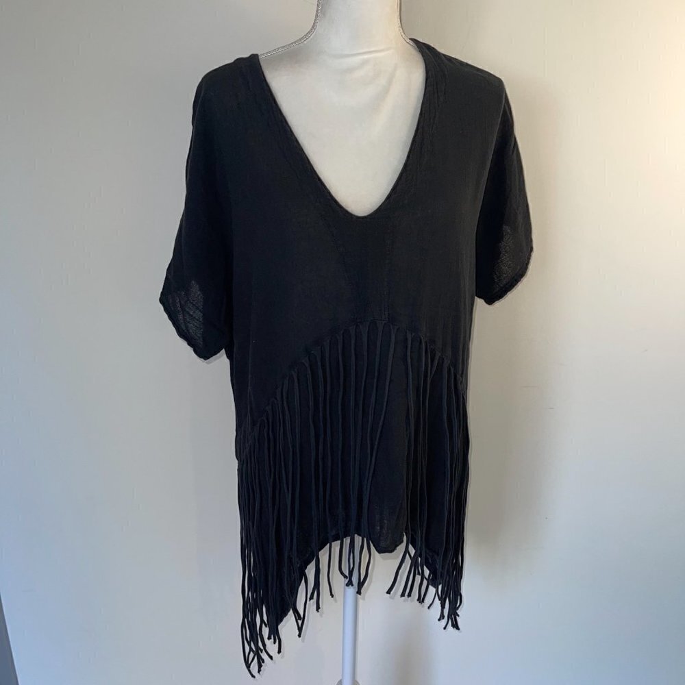 Abaca’ Tunic Womens Size 2 Black Vintage Cotton Fringe Cover Up Uneven Hemline - Picture 9 of 11